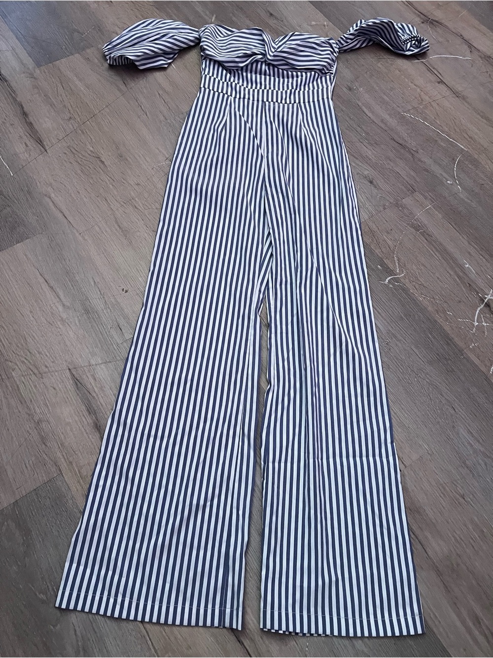 Striped Off-Shoulder Jumpsuit in Blue and White